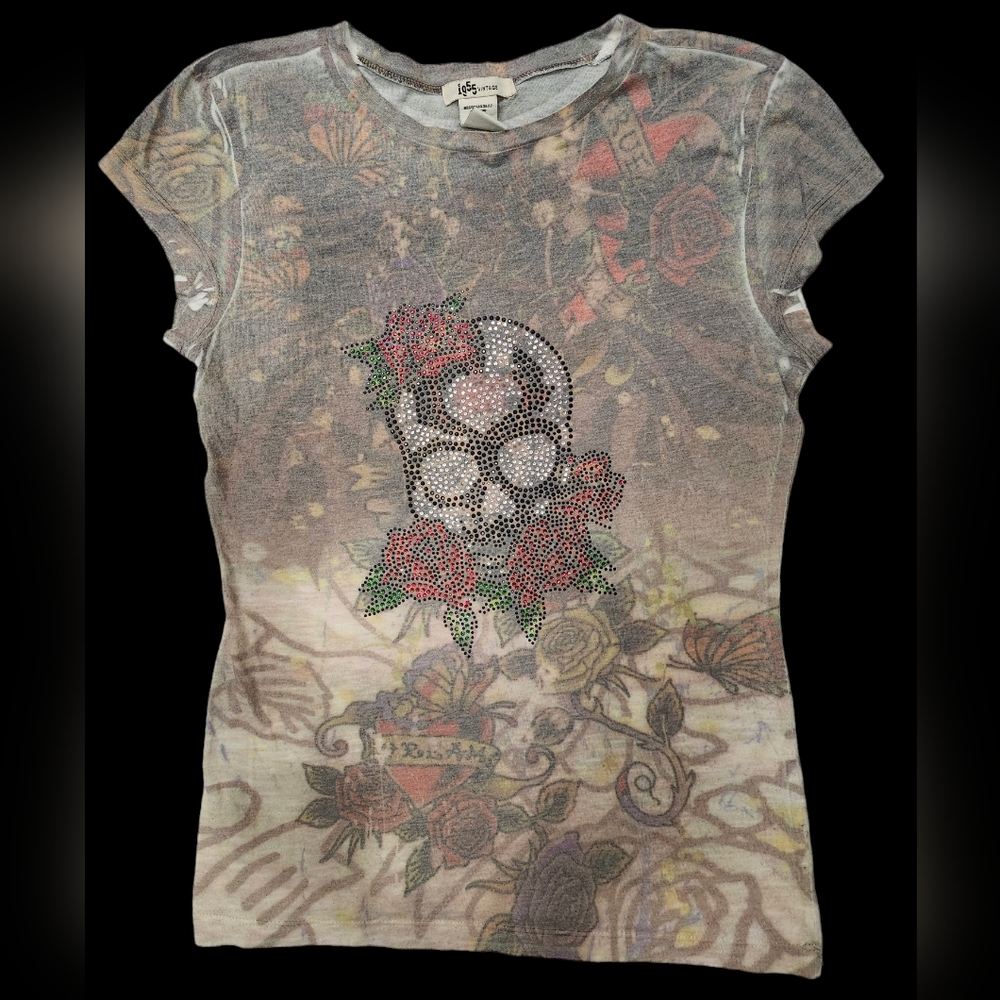 1955 Vintage tattoo t-shirt with rihnstone skull women's size Large